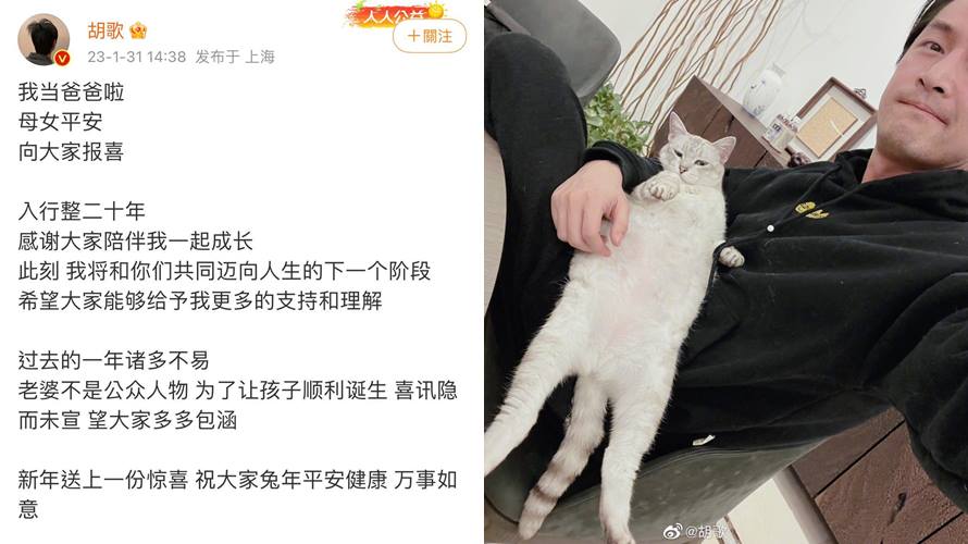 胡歌宣布已婚生女。（圖／取自胡歌微博）