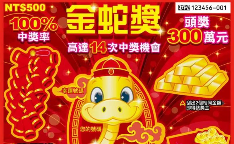 500元面額的刮刮樂中,出現一款今年唯一中獎率百分之百的「金蛇獎」,若民眾想中獎,「小資yp投資理財筆記」建議可買這張。(圖/摘自台灣彩券官網)
