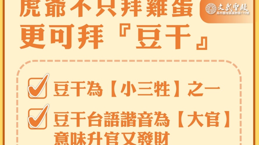 高雄文武聖殿教拜虎爺供奉品可改為豆干。(圖/取自財團法人高雄文武聖殿臉書)