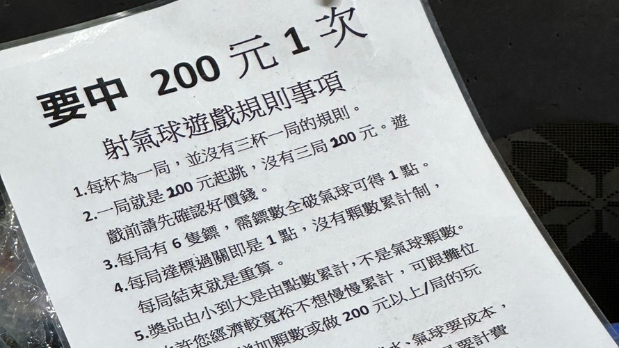 台南花園夜市玩射氣球,業者開價5200元,台南市府出手稽查。(圖/台南市場處提供)